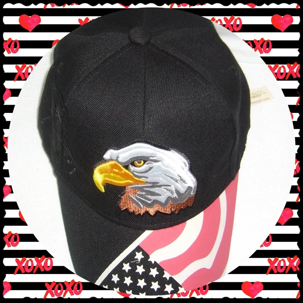 Eagle & American Flag Motif Ball Cap-Black - Picture 1 of 5